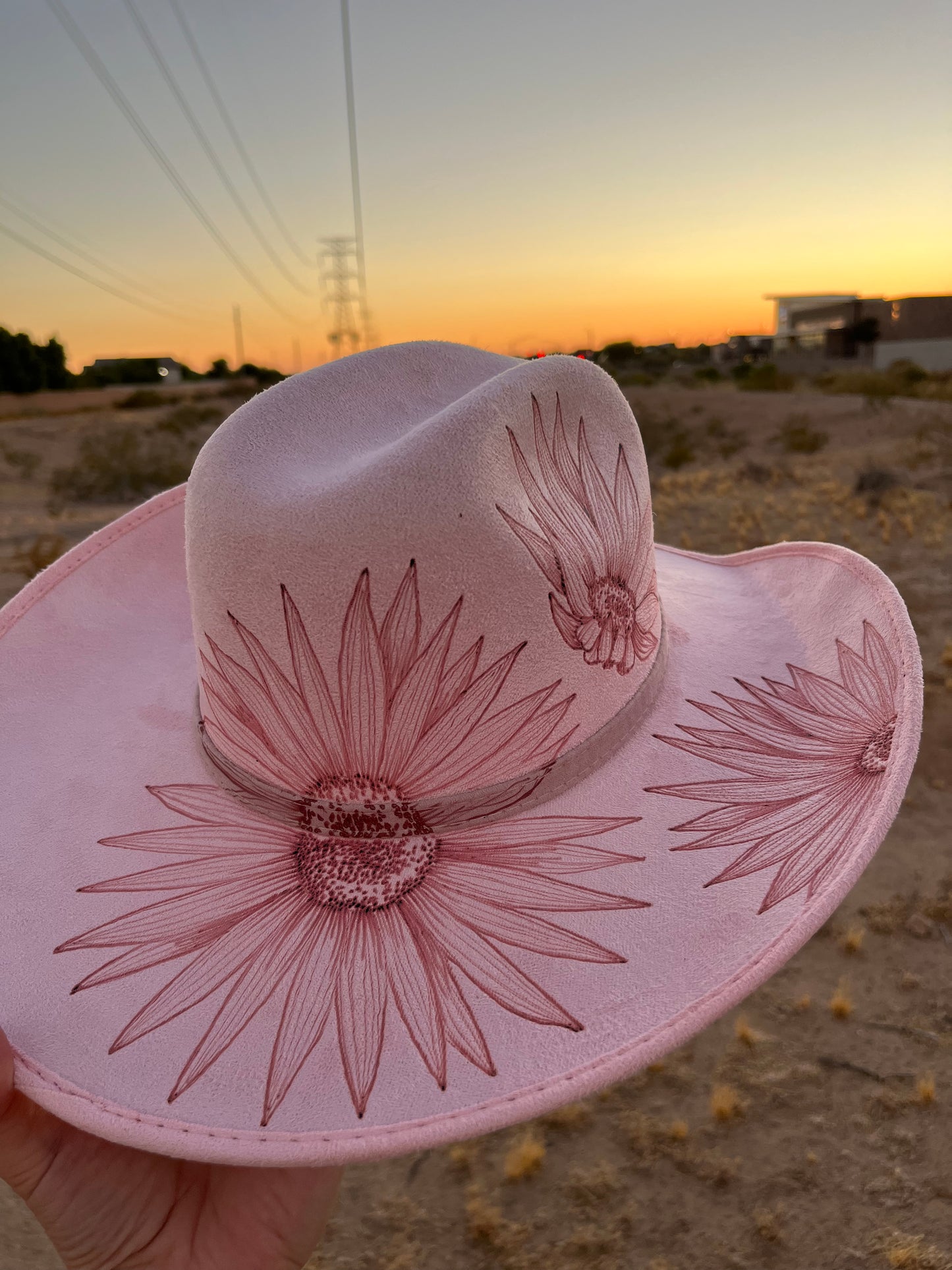 Pink sunflower floral burned suede wide brim cowboy rancher hat