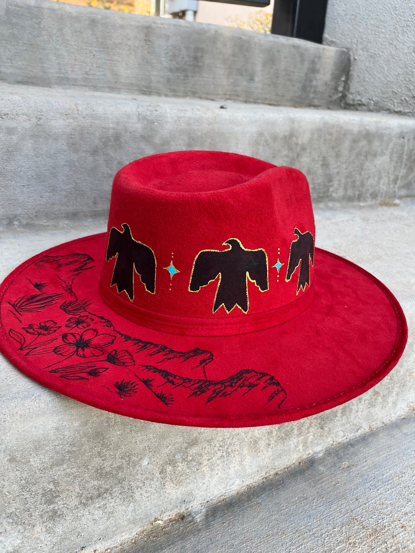 Desert thunderbird red suede wide brim rancher hat