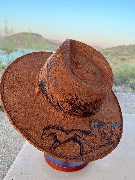 Wild horses burned camel suede wide brim rancher hat