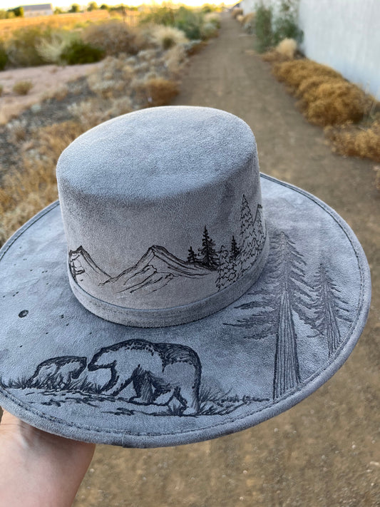 Bear mountain grey burned suede flat crown wide brim rancher hat
