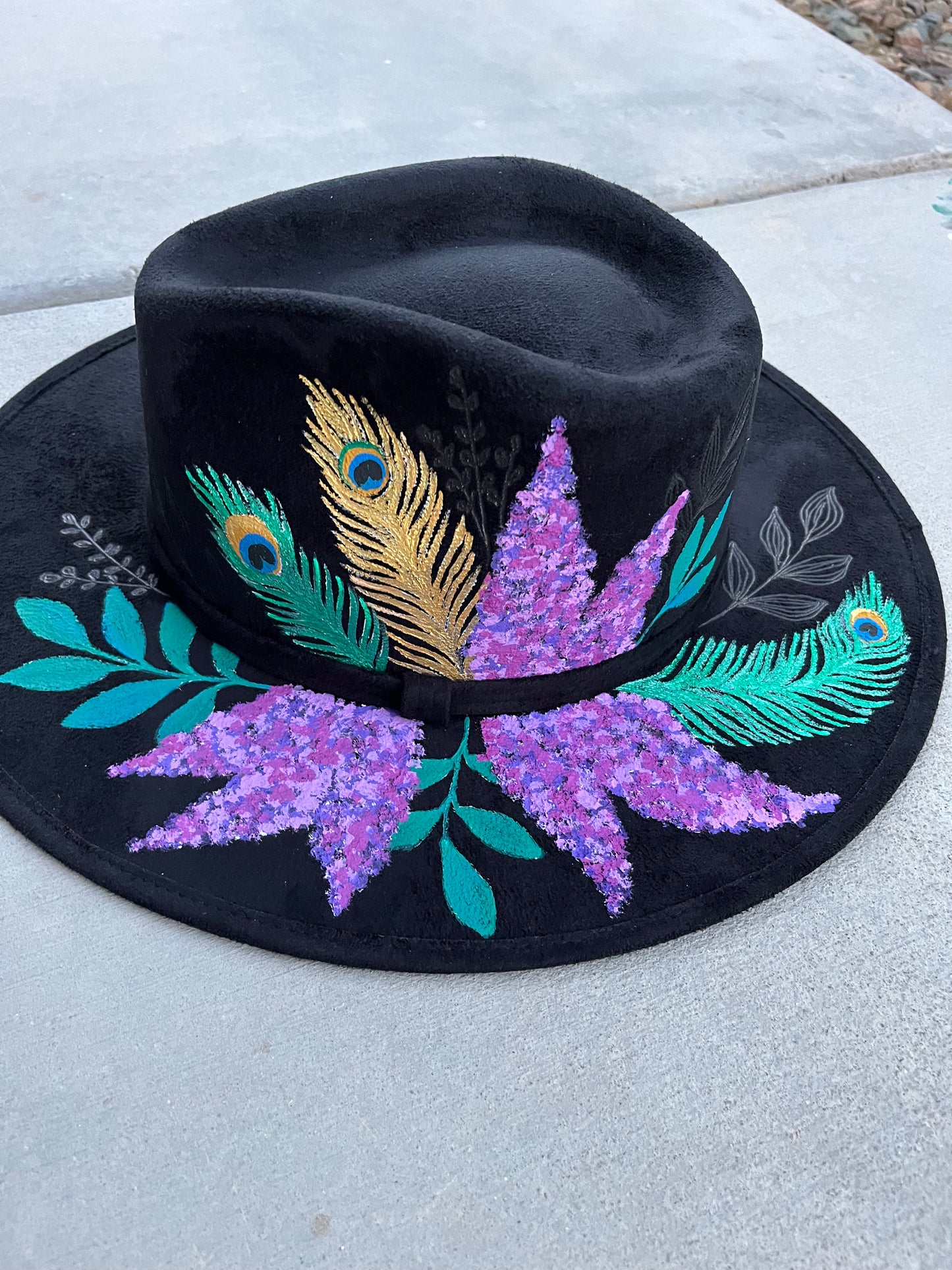 Peacock botanical black painted suede wide brim rancher hat