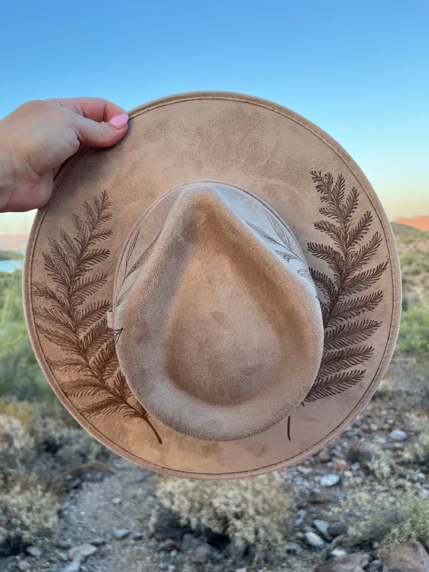 Fern tan burned suede wide brim rancher hat