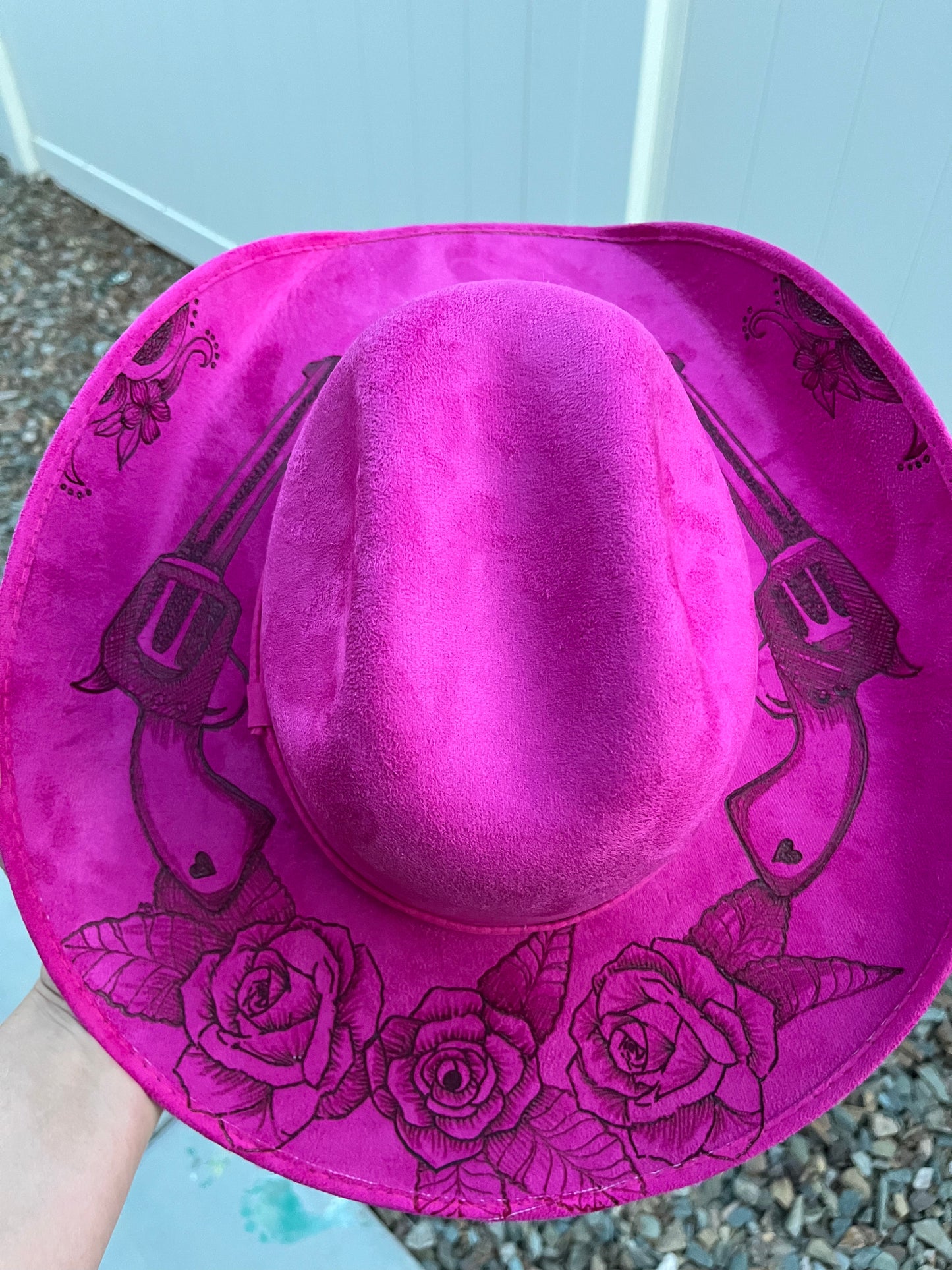 Pink revolver gun rose floral burned suede wide brim cowboy rancher hat