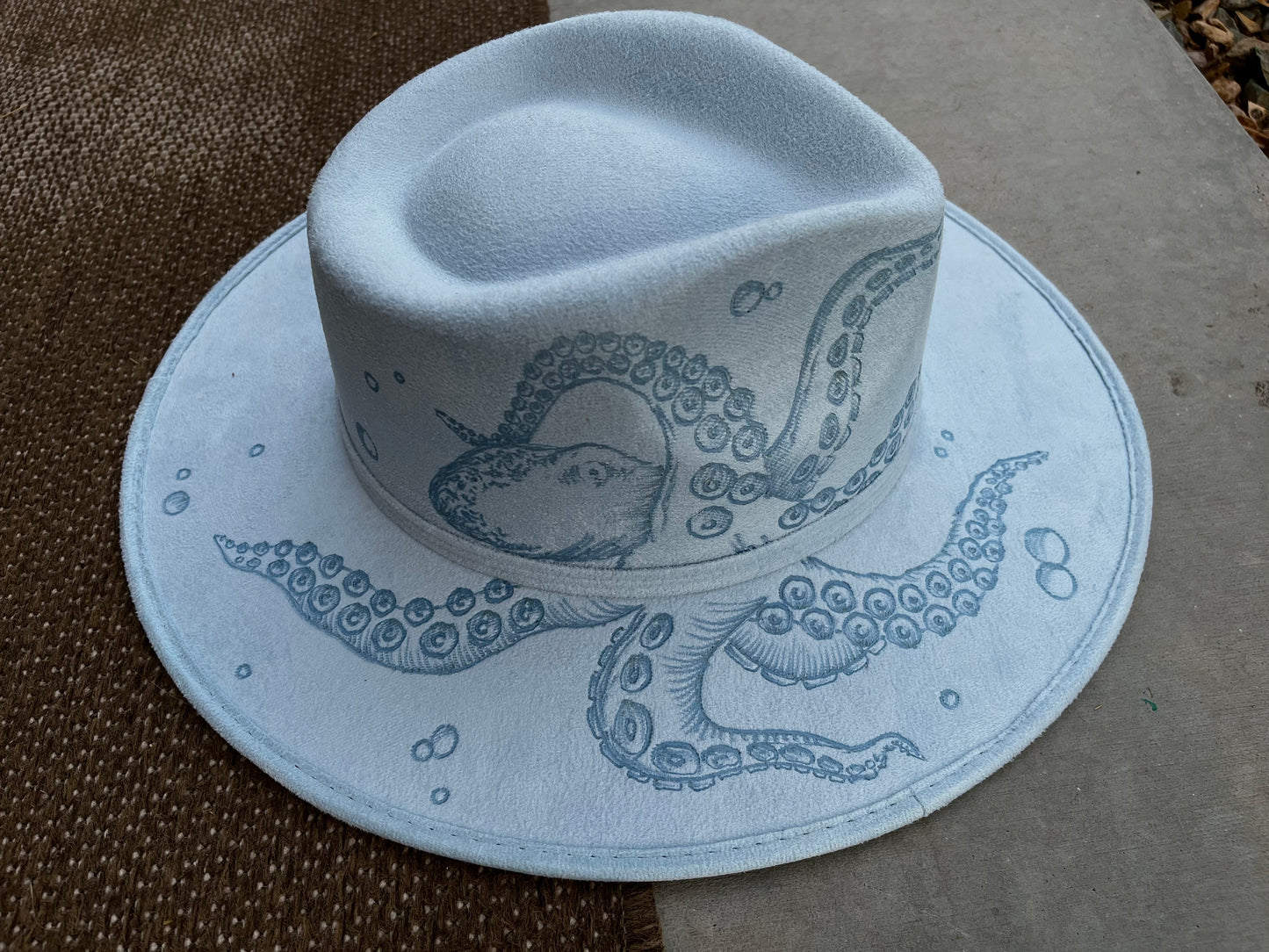Light blue octopus kraken sea creature suede wide brim rancher hat