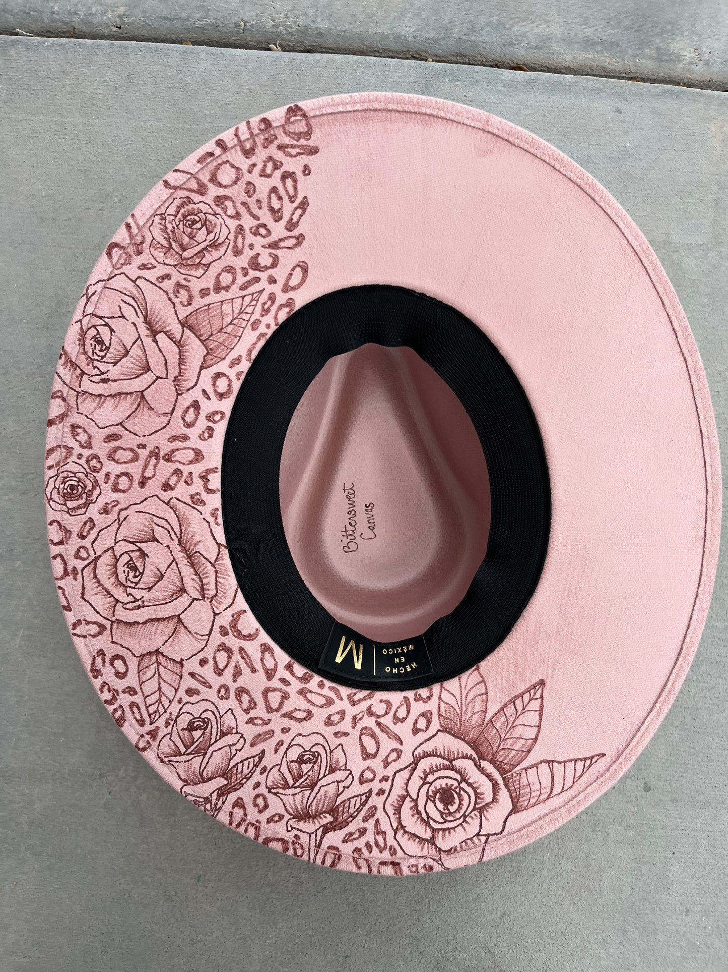 Blush pink rose leopard burned suede wide brim rancher hat