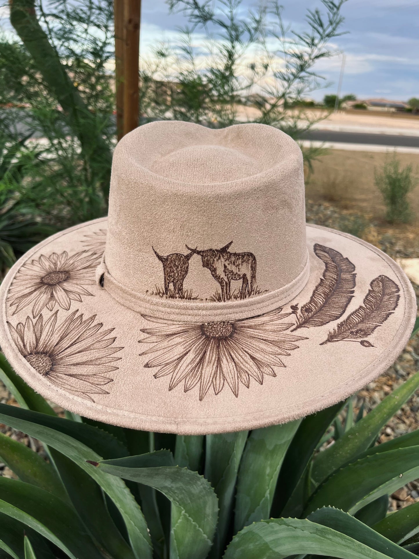 Longhorn feather floral taupe burned suede wide brim rancher hat