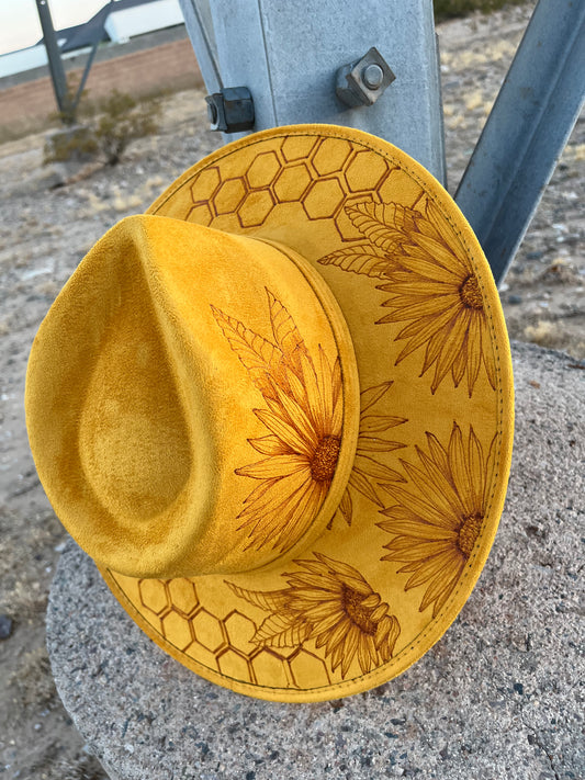 Yellow honeycomb sunflower floral bee suede wide brim rancher hat
