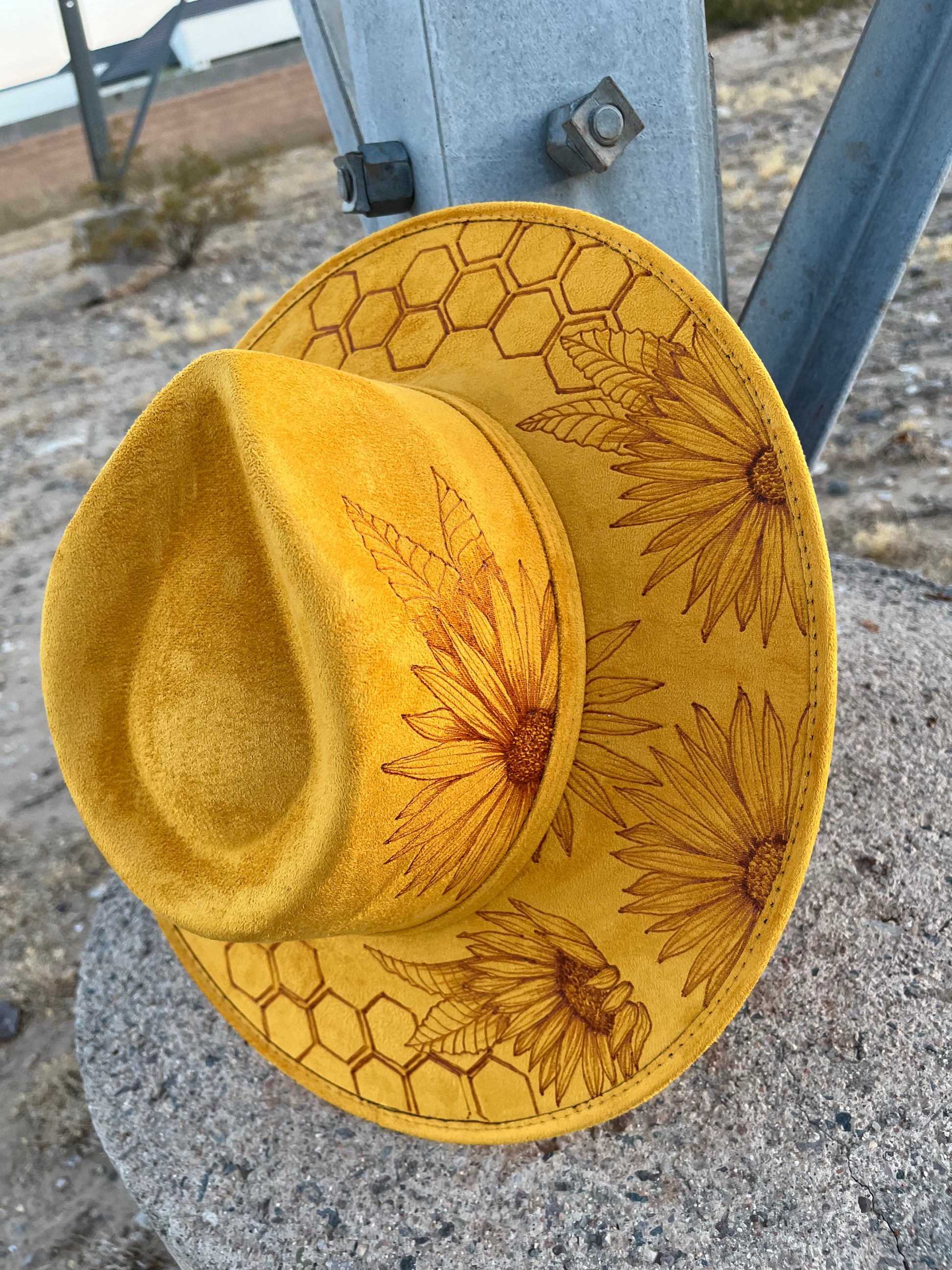 Yellow honeycomb sunflower floral burned bee suede wide brim rancher h –  Bittersweet Canvas