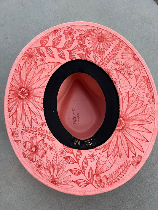 Coral full floral suede wide brim rancher hat