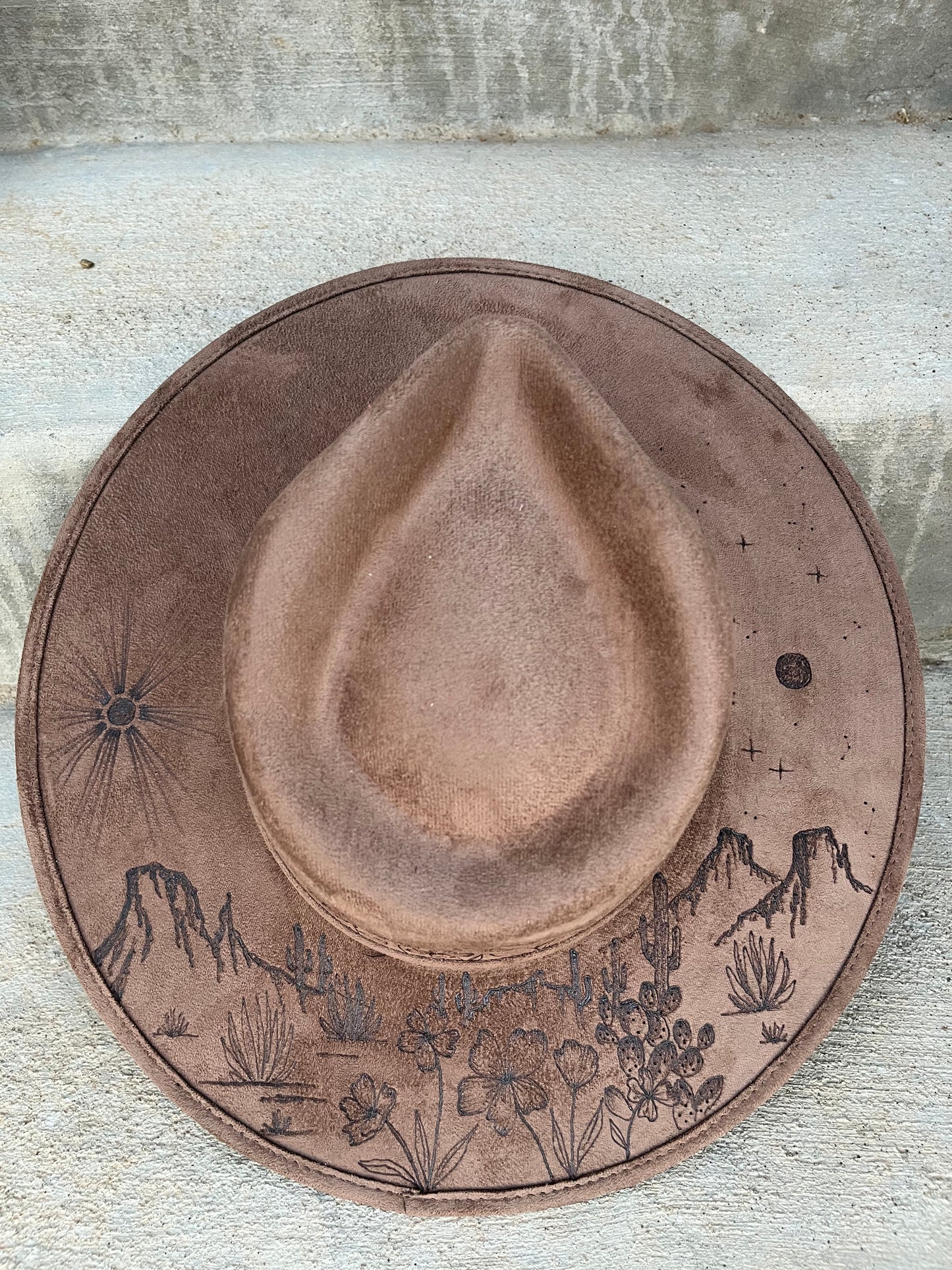 Brown desert poppies burned suede wide brim rancher hat