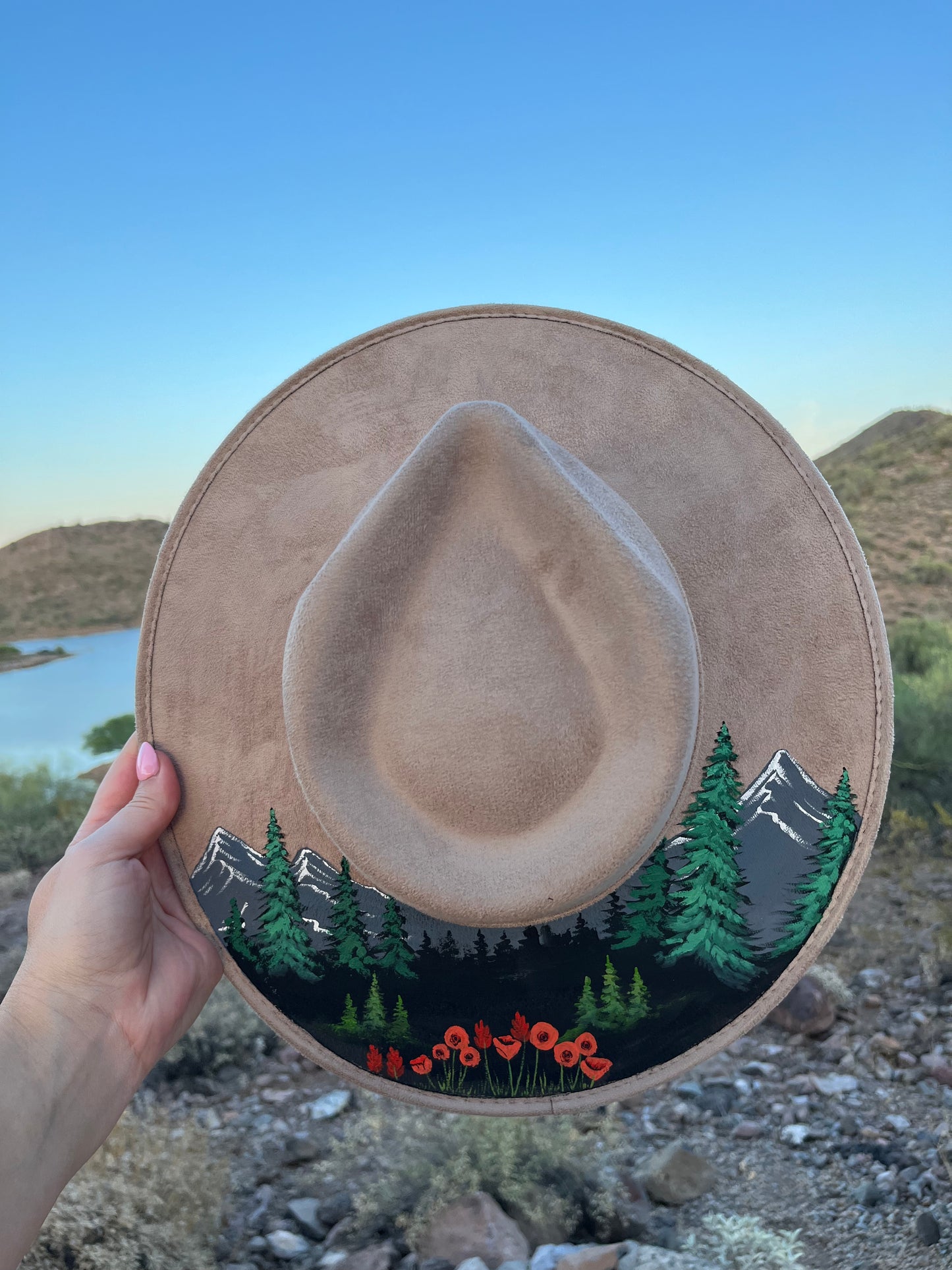 Mountain poppies taupe beige suede wide brim rancher hat