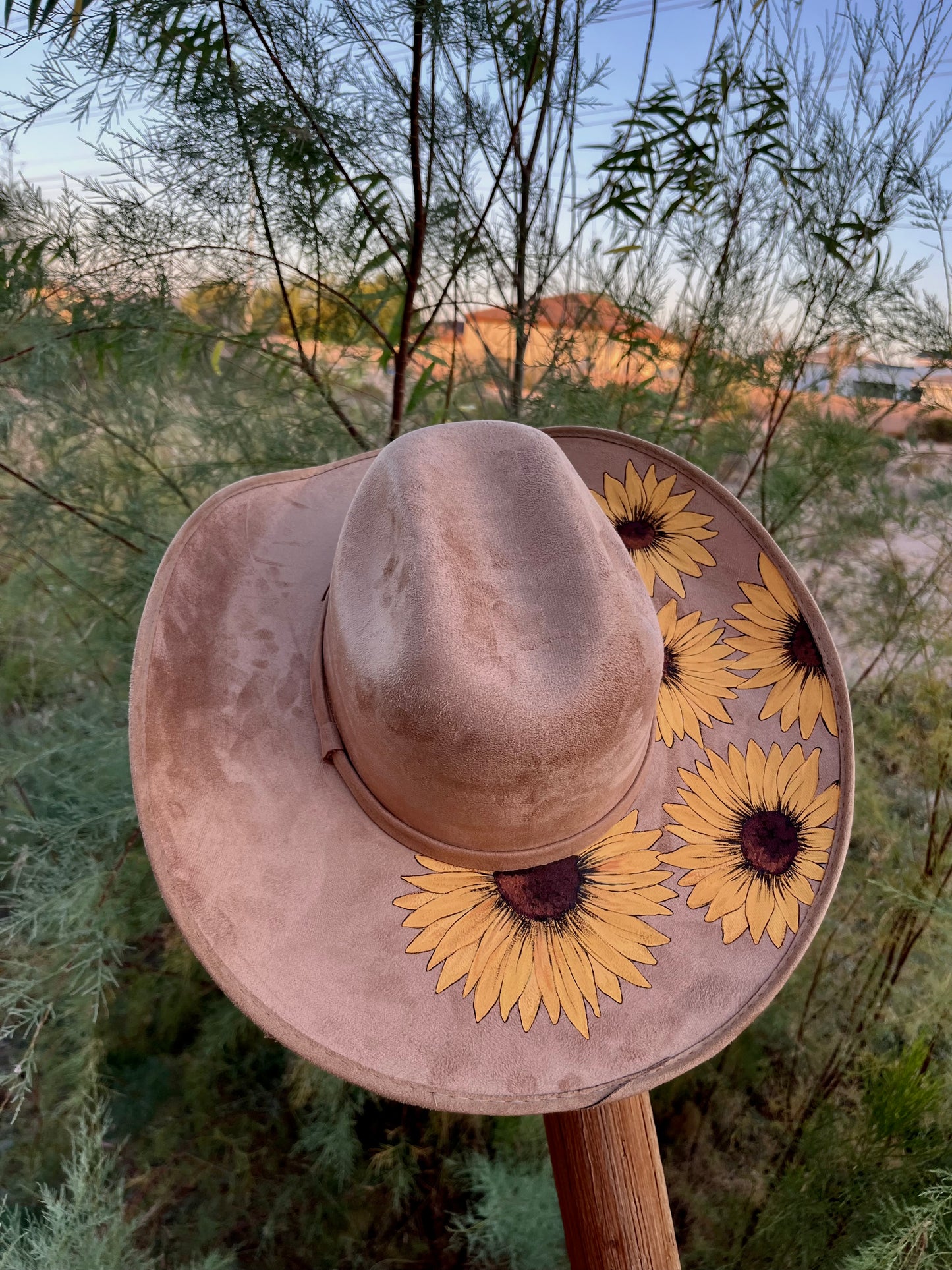 Sunflower floral tan vegan suede wide brim cowboy rancher hat