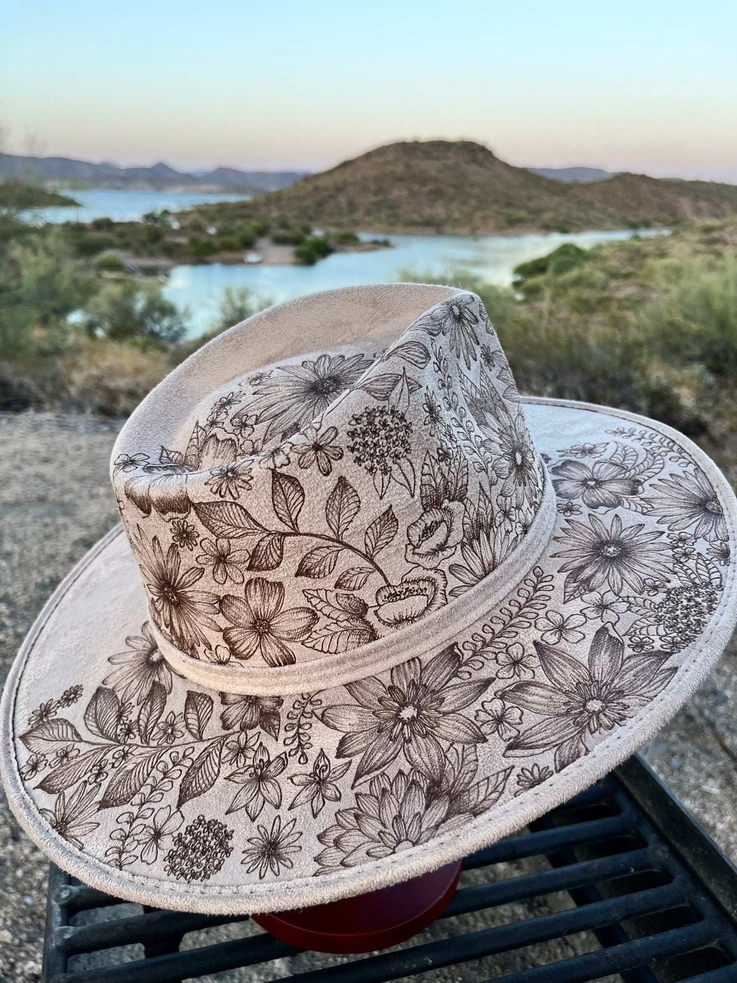 Floral split taupe beige burned suede wide brim rancher hat