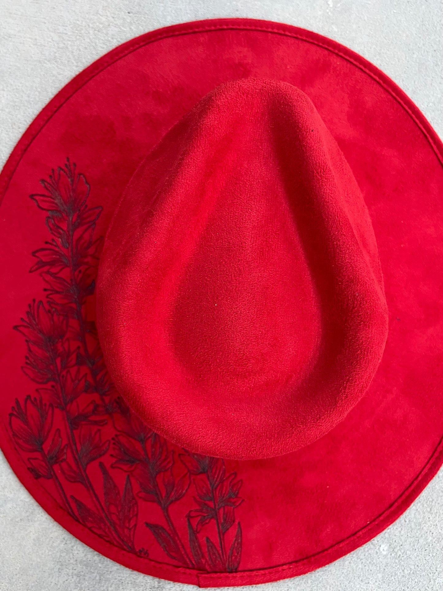 Red Indian paintbrush floral suede wide brim rancher hat