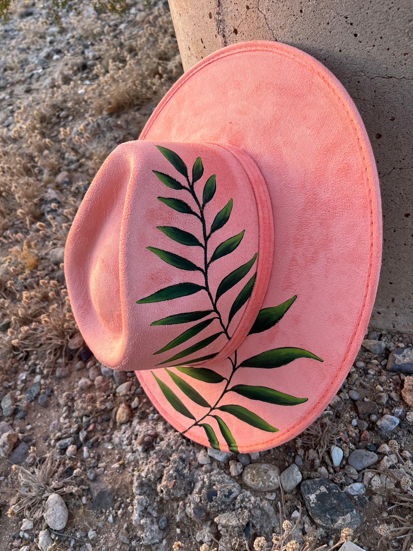 Coral pink palm leaf suede wide brim rancher hat