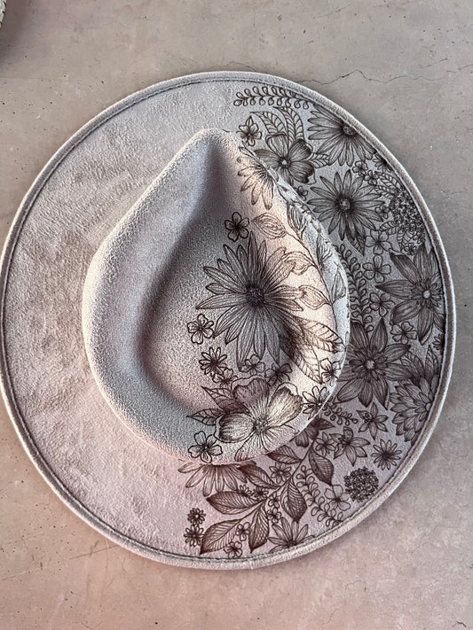 Floral split taupe beige burned suede wide brim rancher hat