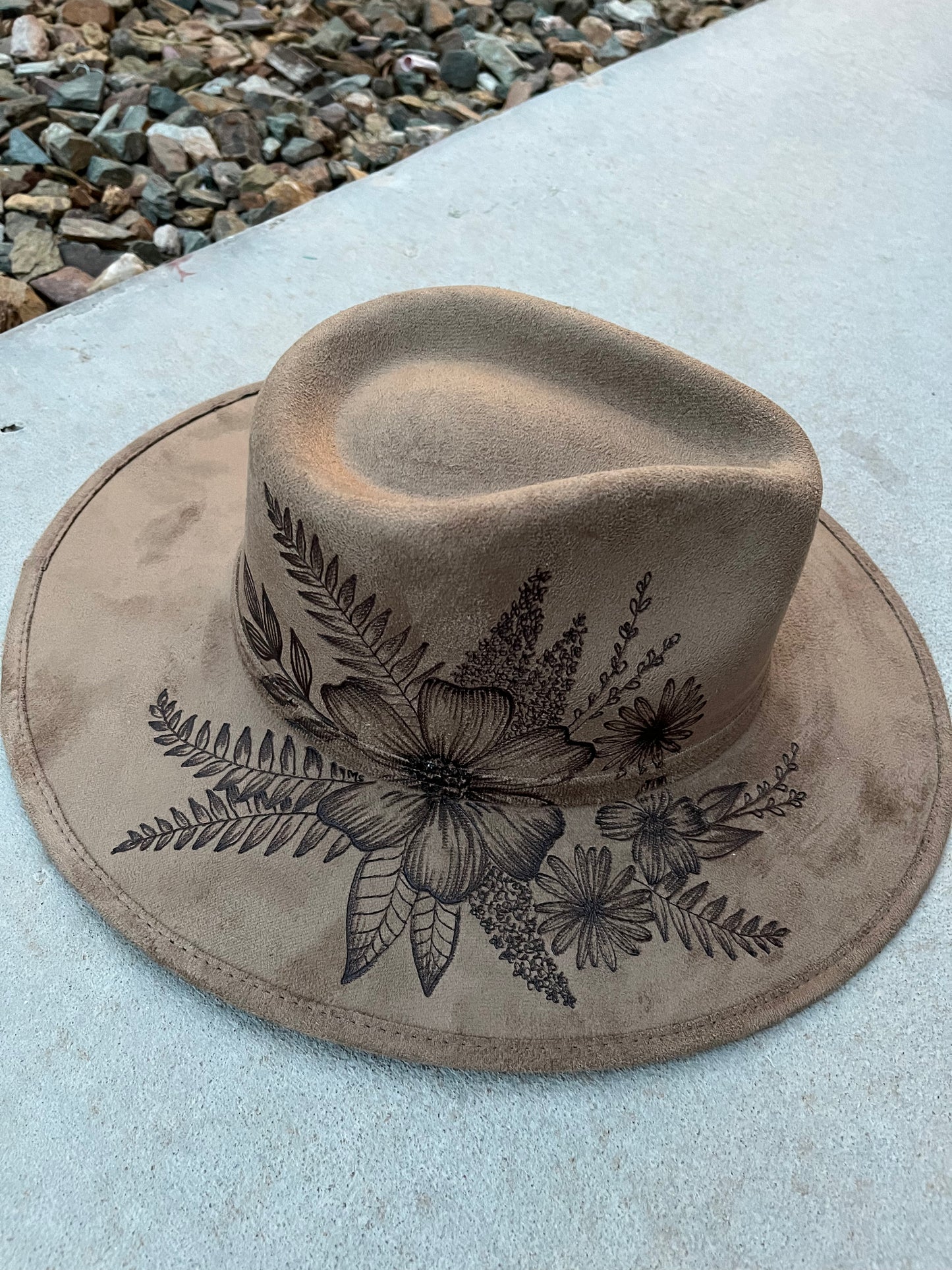Floral botanical brown burned suede wide brim rancher hat