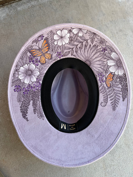 Lavender purple floral burned suede wide brim rancher hat