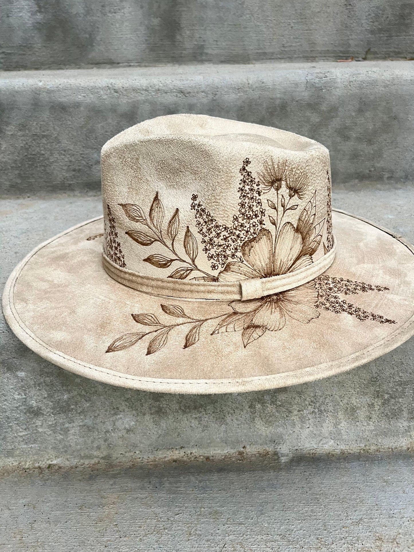 Floral crown tan burned suede wide brim rancher hat