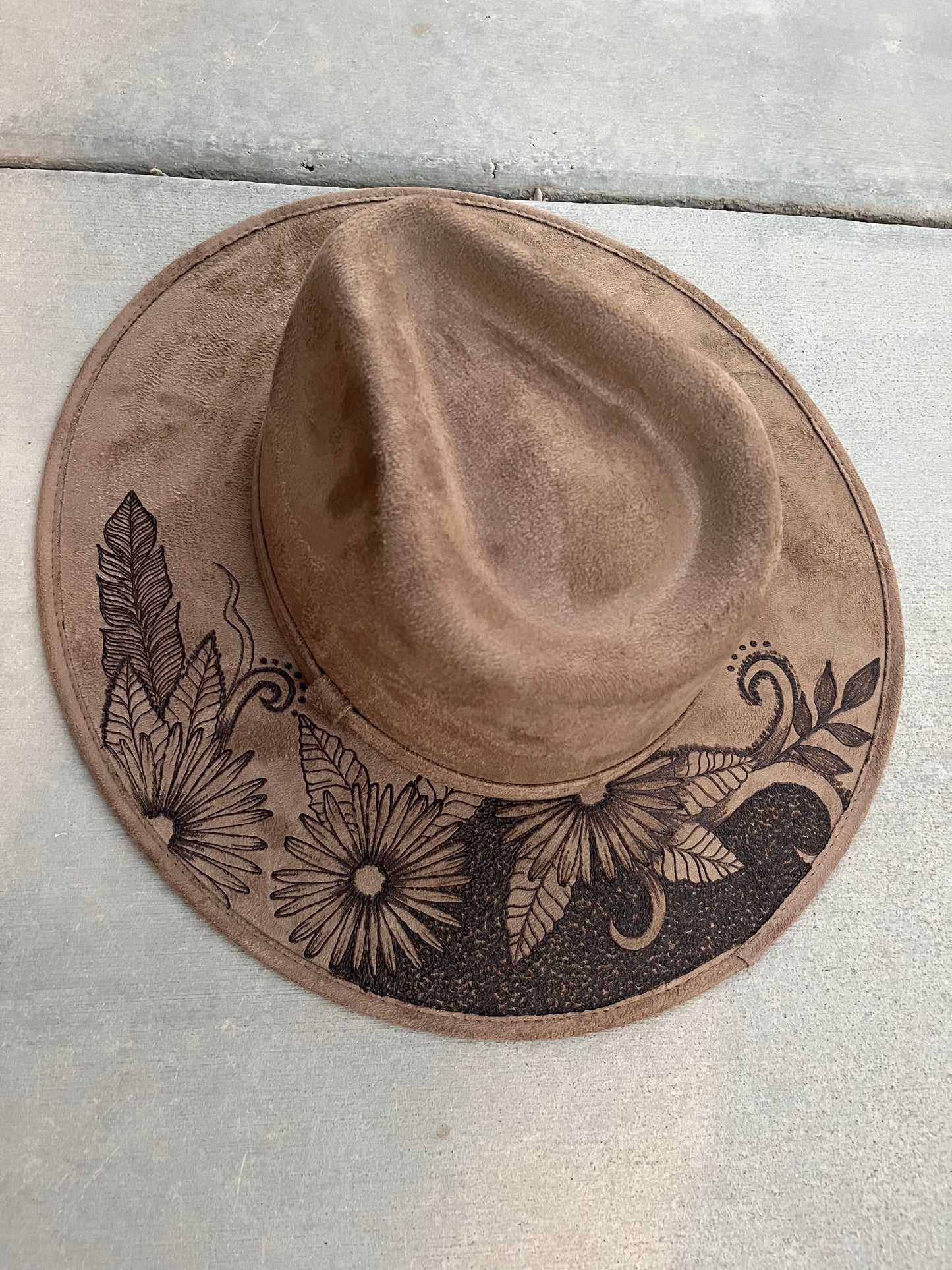 Western burned floral feather khaki brown suede wide brim rancher hat