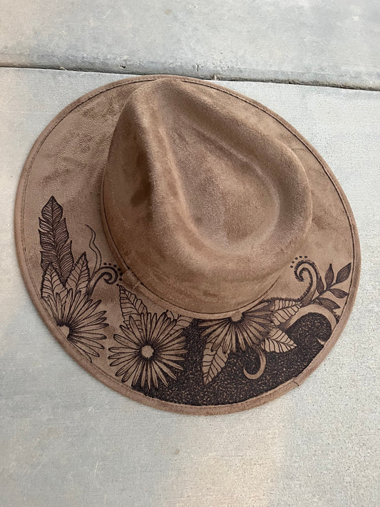 Western burned floral feather khaki brown suede wide brim rancher hat