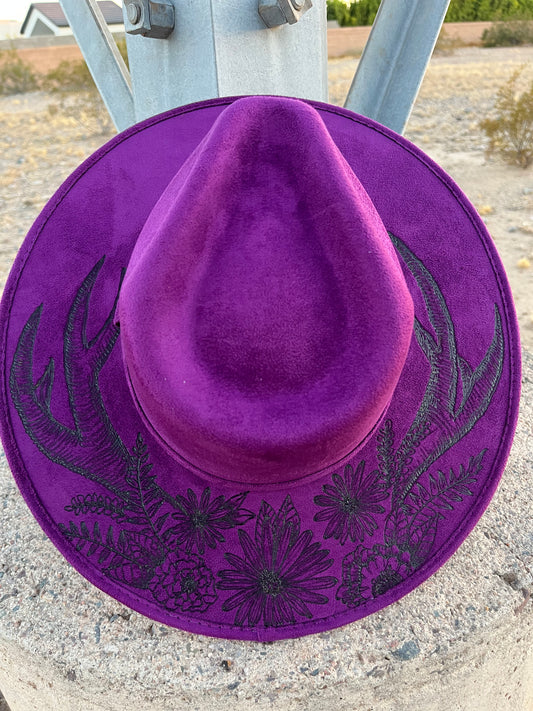 Antler shed floral purple suede wide brim rancher hat
