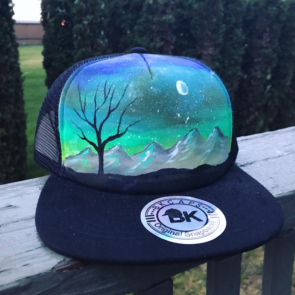 Green tree mountain custom painted SnapBack hat