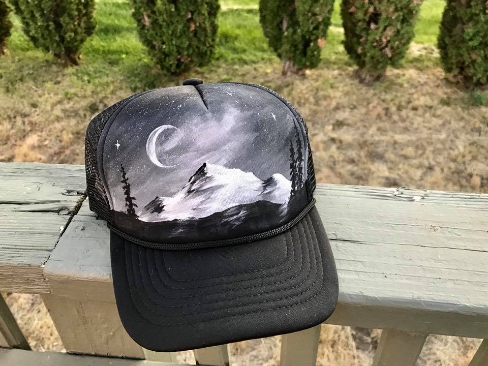 Black and white mountain hat painted snapback