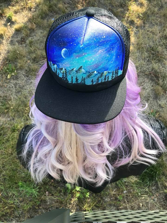 Sawtooth mountains blue custom painted trucker hat