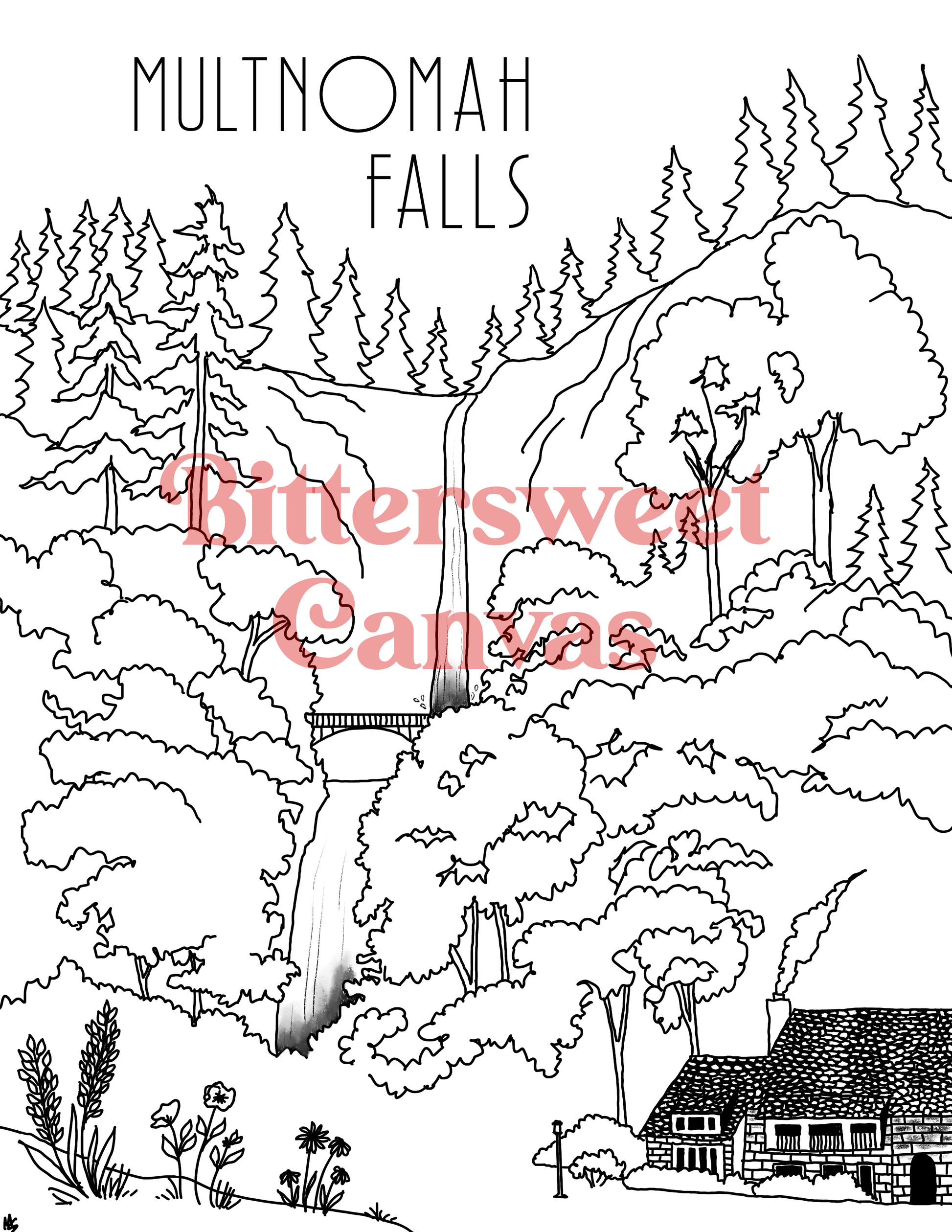 Multnomah falls coloring page DIGITAL DOWNLOAD Bittersweet Canvas