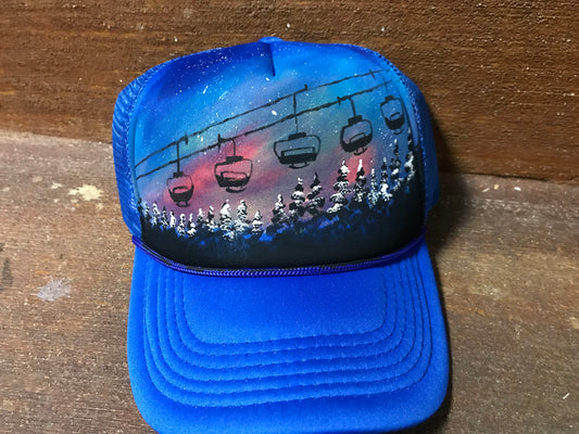 Ski lift blue custom painted trucker hat