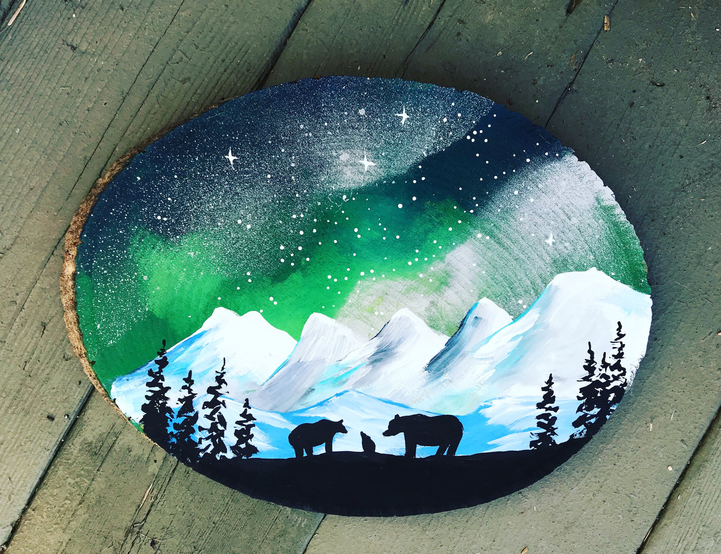 Bear family wood round painting