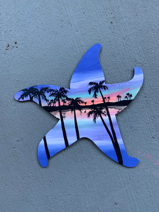 Starfish palm trees wood cutout painting