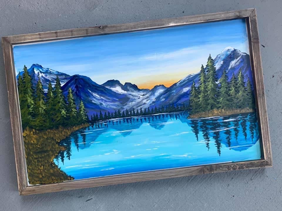 Mountain alpine lake framed wood painting