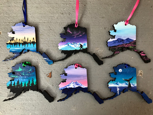 Set of six Alaska senic landscape wood ornaments