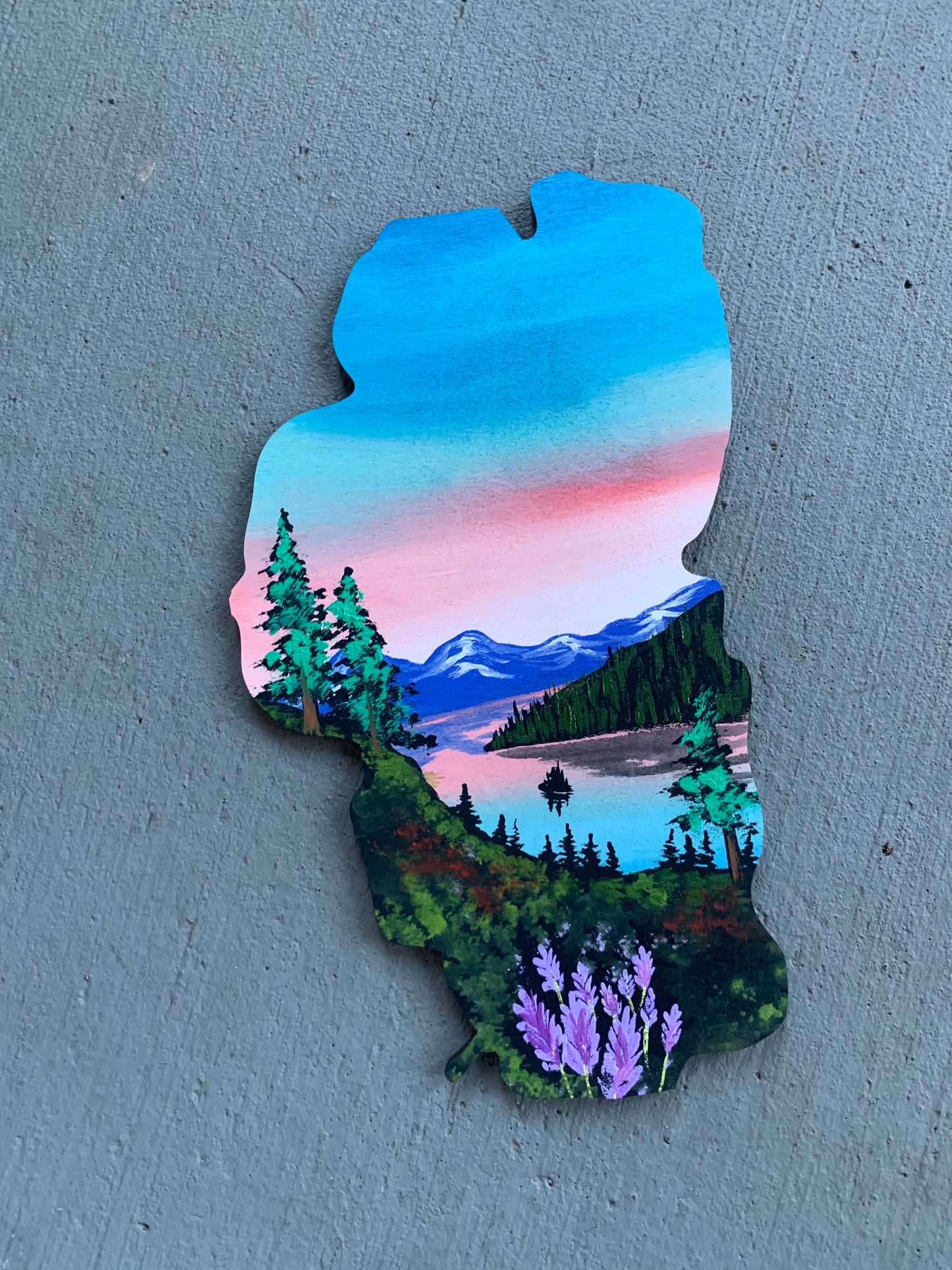 Lake Tahoe lupine wood cutout painting