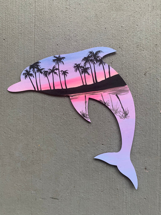 Dolphin palm tree  beach wood cutout painting