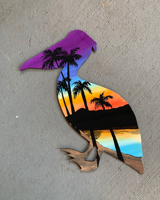 Pelican palm tree beach wood cutout painting