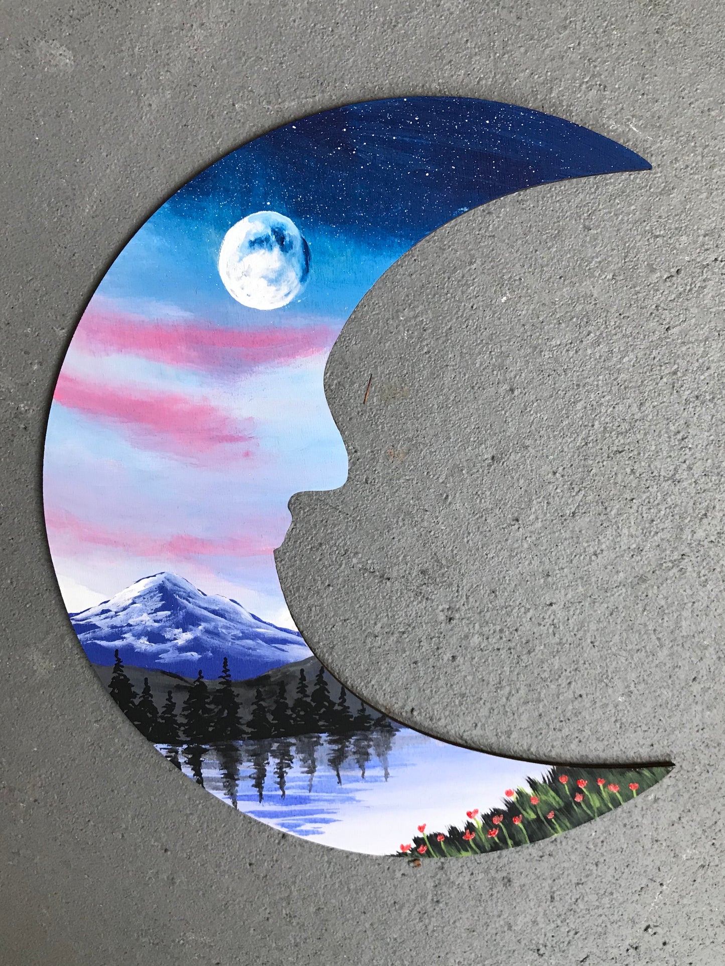 Moon mountain wood cutout painting
