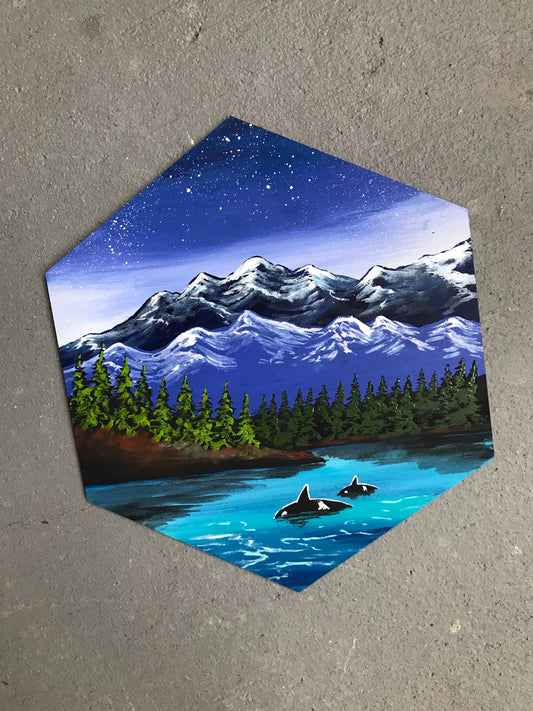 Orcas swimming hexagon wood shape