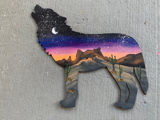 Wolf desert mountains wood cutout painting