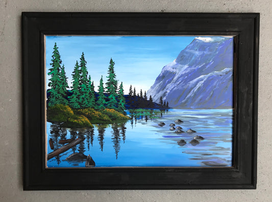Mountain reflection wood painting