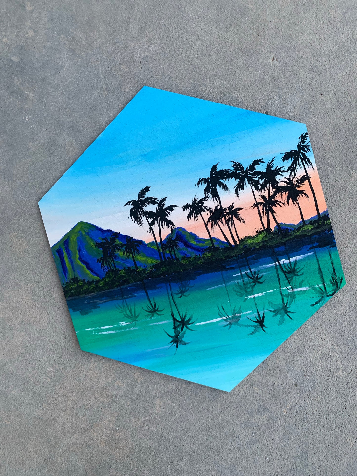 Beach palm trees hexagon wood cutout painting