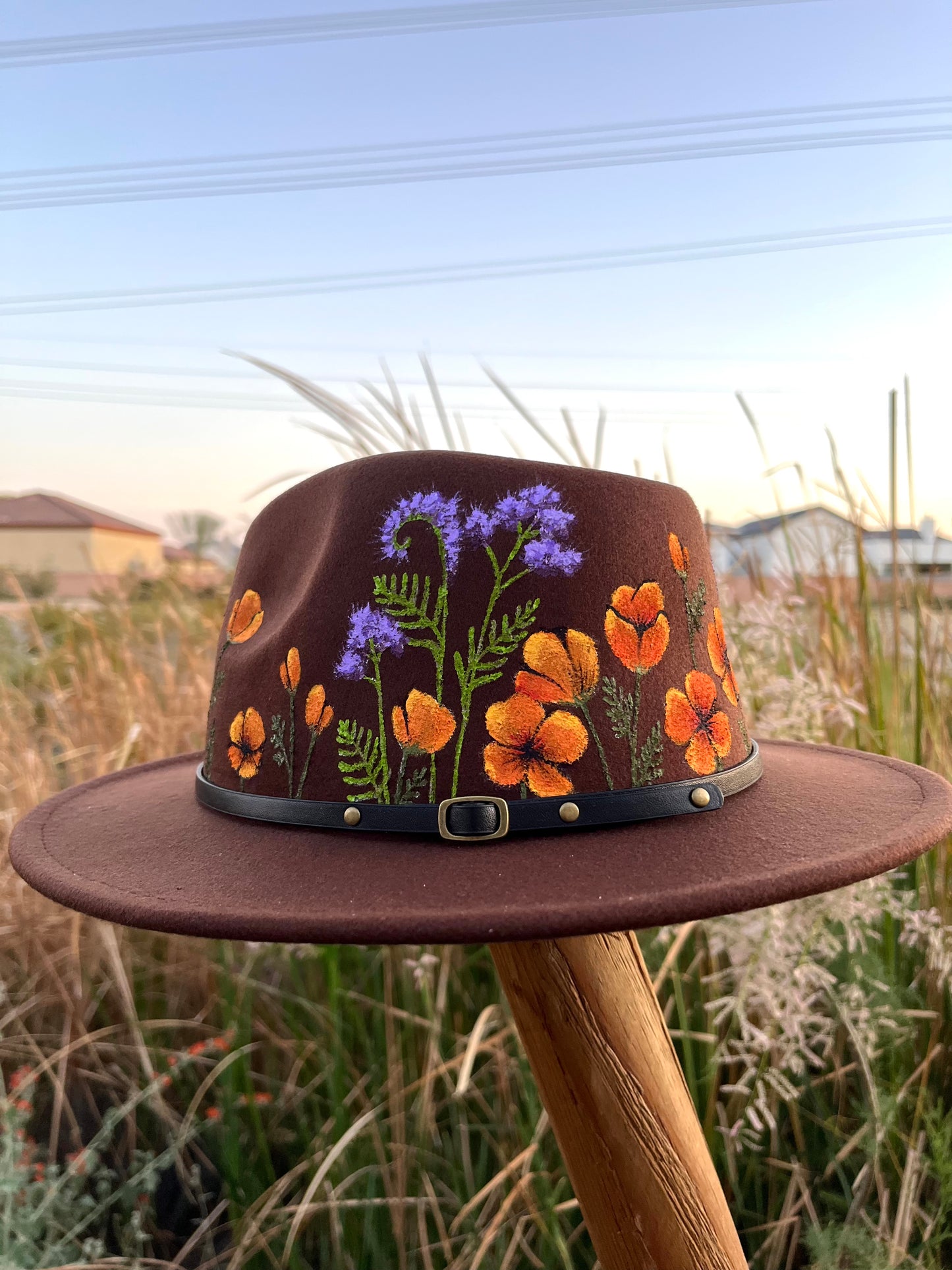 Brown Mexican poppies floral felt wide brim rancher hat