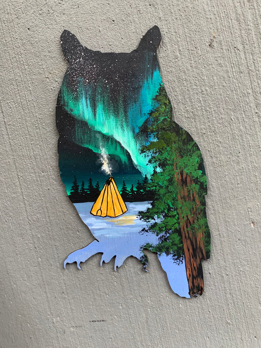 Owl northern lights tipi wood cutout painting