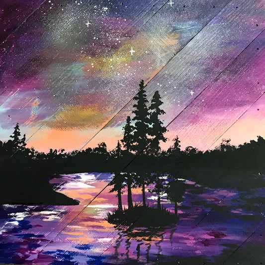 Purple galaxy lake wood painting