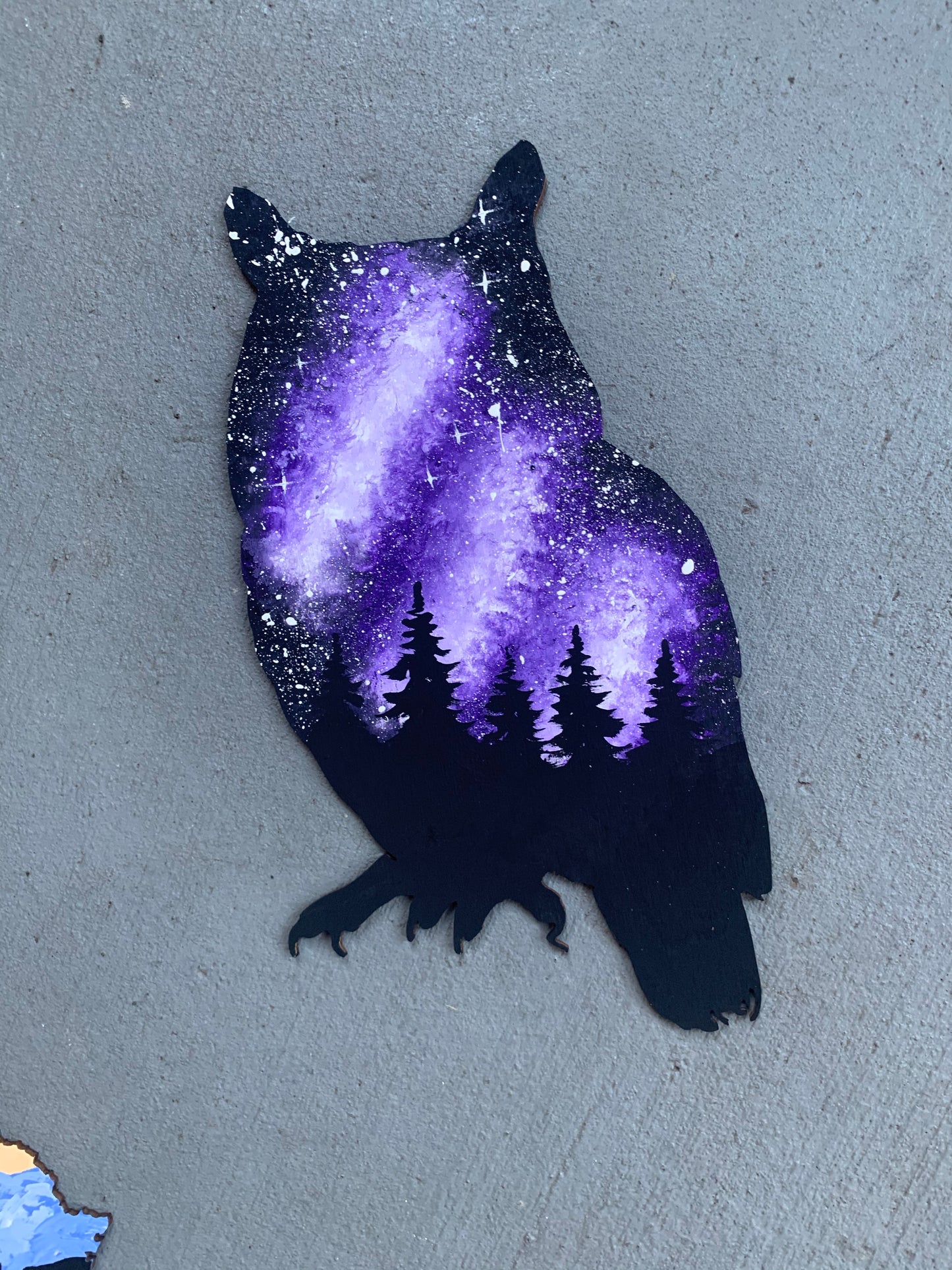 Owl purple galaxy wood cutout painting