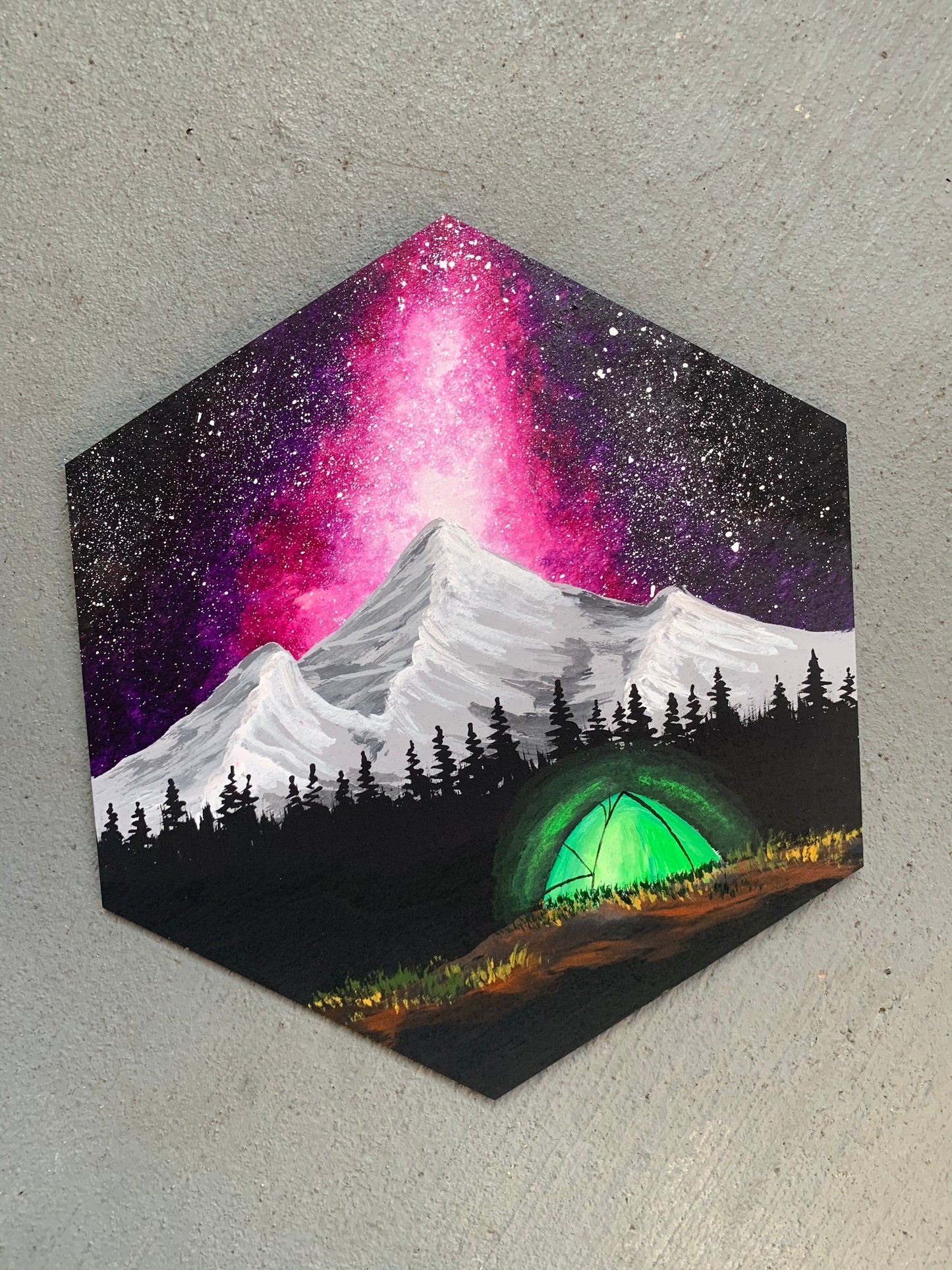 Hexagon mountain tent wood cutout wall hanging painting