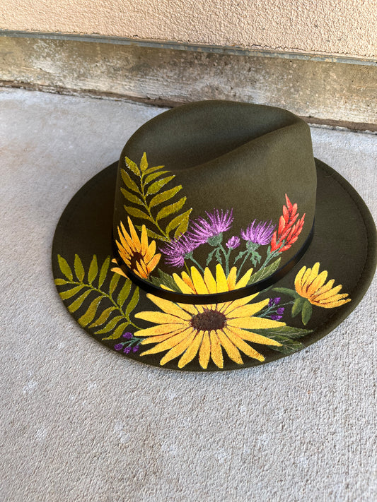 Green spring floral felt wide brim rancher hat