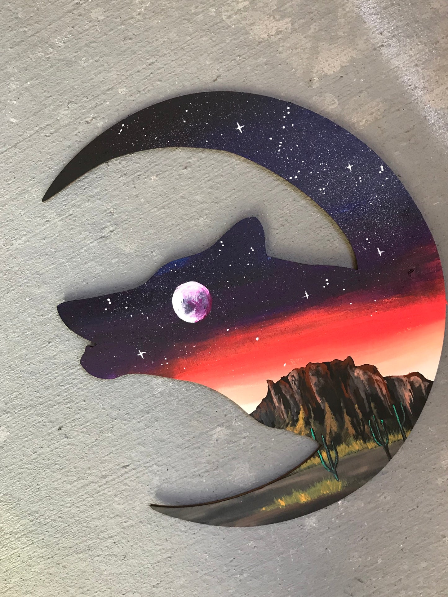 Wolf head moon wood cutout painting